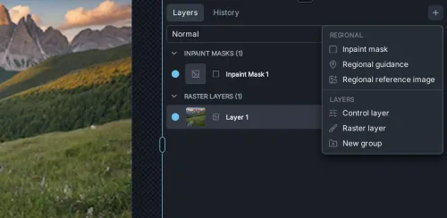 The Add layer menu with Inpaint mask, Regional guidance, Regional reference image, Control layer, Raster layer and New group.