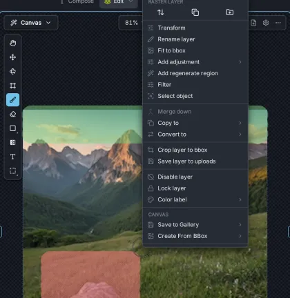 The canvas right-click menu for a raster layer, with the layer actions followed by a Canvas section with Save to Gallery and Create From BBox.