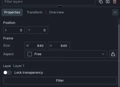 The Generation frame tool's options: Position X and Y, and the Frame's Size and Aspect with a lock button.