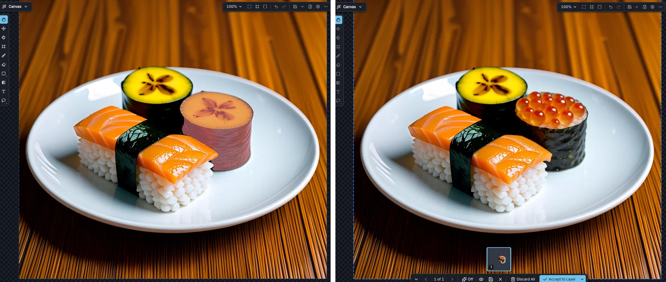 Inpainting a plate of sushi: on the left, an inpaint mask over one piece; on the right, the result in the staging area, where that piece has become salmon-roe sushi, ready for Accept to Layer.