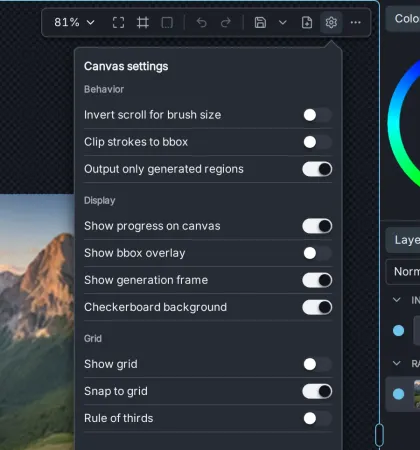 The Canvas settings popover with Behavior, Display and Grid options.