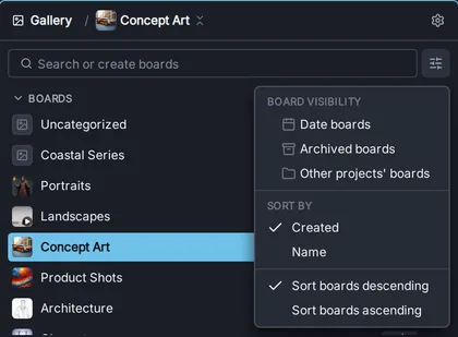 The Filter & sort boards menu with Board visibility options (Date boards, Archived boards, Other projects' boards) and Sort by options.