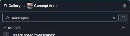 Typing Seascapes into the board search field shows a Create board "Seascapes" row.