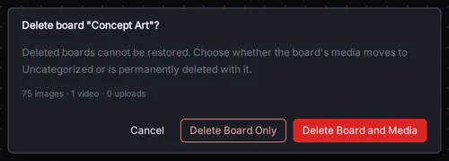 The Delete board dialog with Cancel, Delete Board Only and Delete Board and Media buttons.