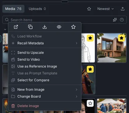 The context menu for an image, with quick-action icons at the top followed by Load Workflow, Recall Metadata, Send to Upscale, Send to Video, Use as Reference Image, Use as Prompt Template, Select for Compare, New from Image, Change Board and Delete Image.