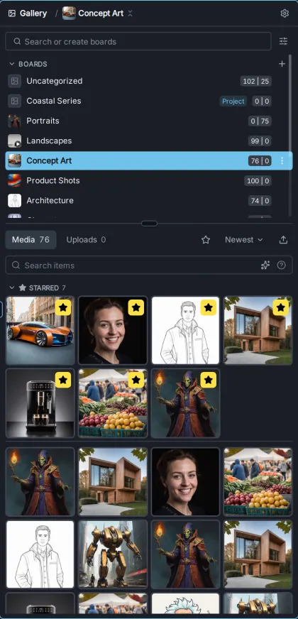 The Gallery with the Concept Art board selected: the board list at the top, the Media and Uploads tabs, the search field, and a grid of images with starred items pinned at the top.