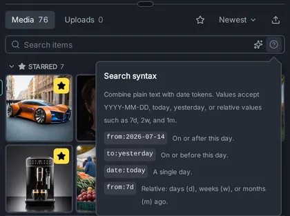 The Search syntax help, listing the from:, to: and date: tokens with examples.