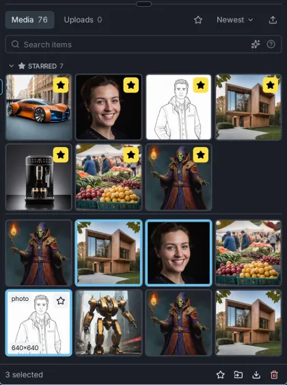 Three selected images with the selection bar at the bottom of the Gallery showing 3 selected.