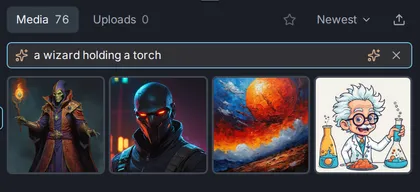 A semantic search for "a wizard holding a torch", with the most similar images first.
