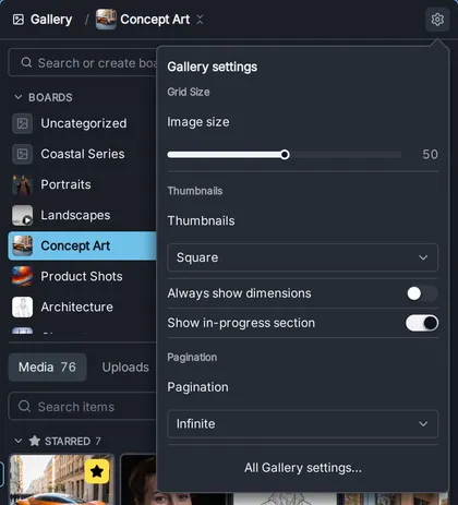 The Gallery settings popover with Image size, Thumbnails, Always show dimensions, Show in-progress section and Pagination.