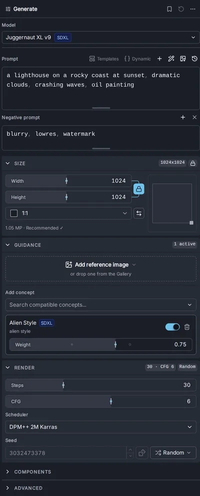The Generate panel with an SDXL model selected, a prompt and negative prompt entered, one concept added, and the Size, Guidance and Render sections open.