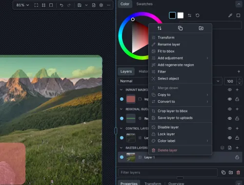 The menu of a raster layer, with Transform, Rename layer, Fit to bbox, Add adjustment, Add regenerate region, Filter, Select object, Merge down, Copy to, Convert to, Crop layer to bbox, Save layer to uploads, Disable layer, Lock layer, Color label and Delete layer.