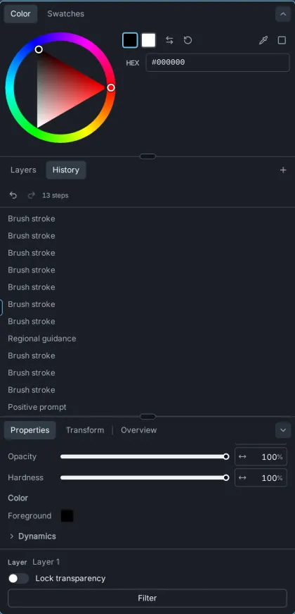 The History tab listing the canvas's recent edits, such as Brush stroke, Regional guidance and Positive prompt.