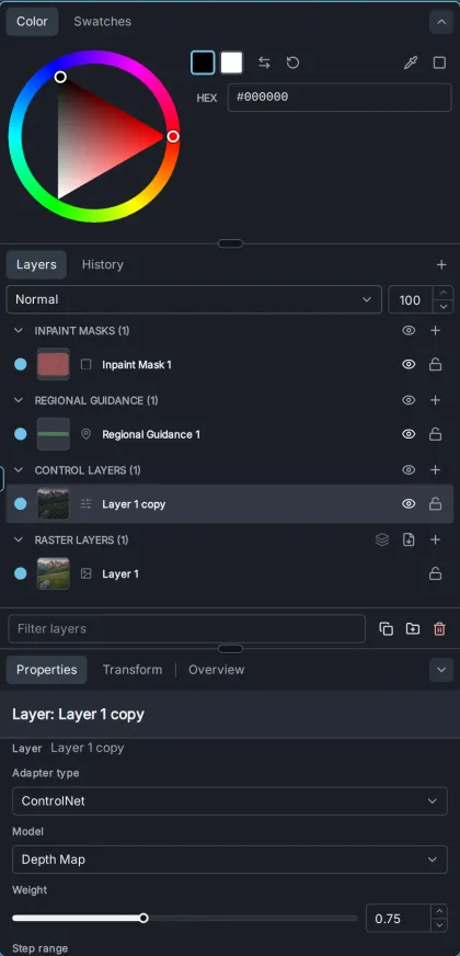 The Layers panel: the color wheel at the top, the layer list grouped into Inpaint Masks, Regional Guidance, Control Layers and Raster Layers, and the Properties pane showing a control layer's Adapter type, Model and Weight.