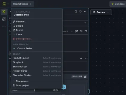 The project switcher open from the top bar, showing project details and commands, the open project, recent projects, New project and Open project.