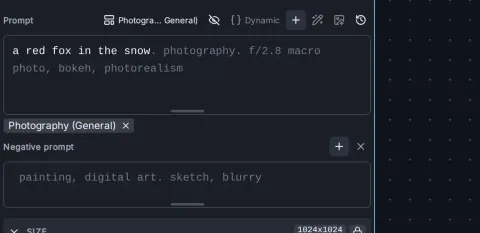 The merged prompt view: the prompt "a red fox in the snow" followed by the Photography (General) template's words, with the template's negative prompt below and the template tag under the prompt.