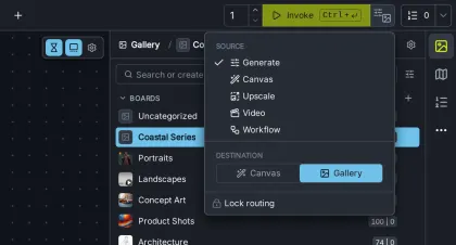 The routing menu next to Invoke, with Source (Generate, Canvas, Upscale, Video, Workflow), Destination (Canvas or Gallery) and Lock routing.