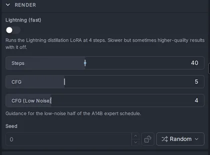 The Render section of the Video panel for Wan 2.2: the Lightning (fast) switch, Steps, CFG, CFG (Low Noise) and Seed.