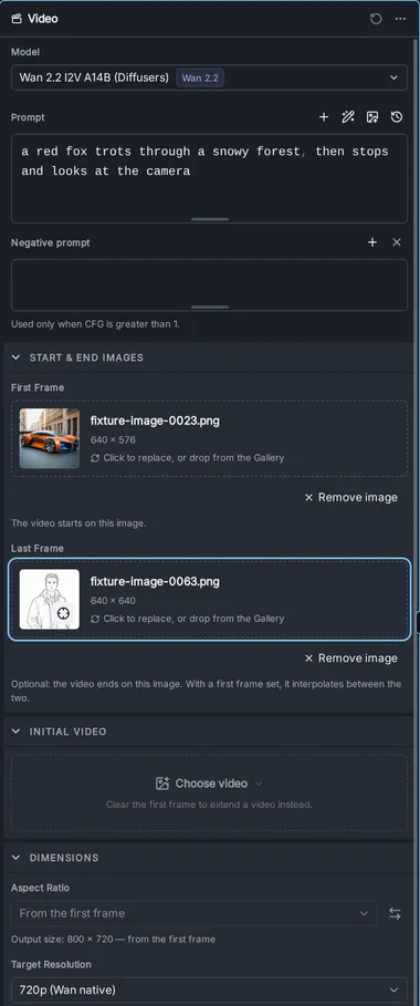 The Video panel with a Wan 2.2 image-to-video model selected, a prompt, first and last frame images, and the Initial Video and Dimensions sections.