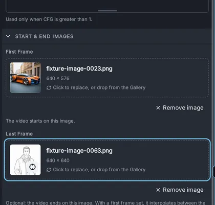 The Start & End Images section with a first frame and a last frame set, each with Remove image.
