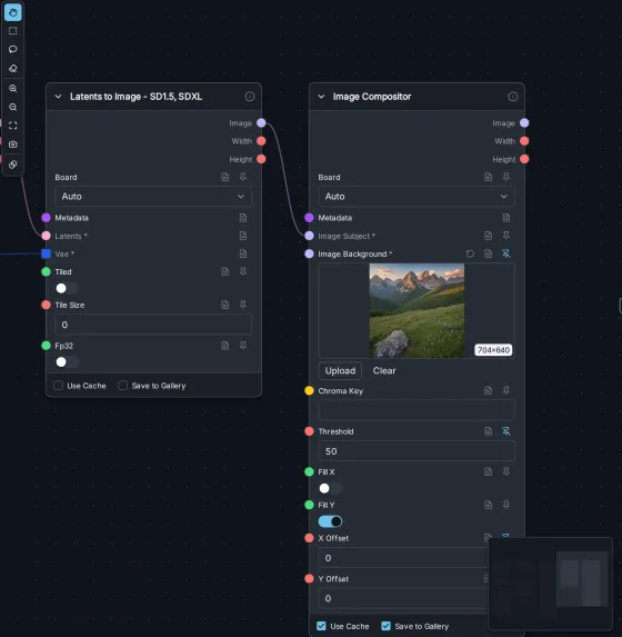 The Latents to Image node connected to the Image Compositor node, which has a mountain landscape as its Image Background. Save to Gallery is unchecked on Latents to Image and checked on Image Compositor.
