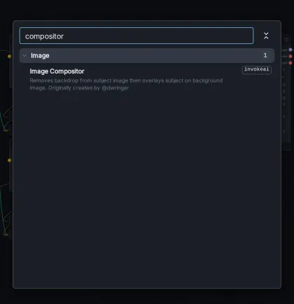 The node picker searching for "compositor", showing the Image Compositor node in the Image category.