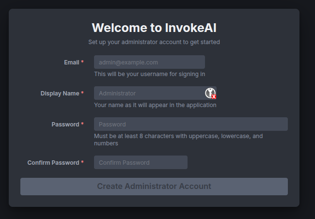 Administrator Setup Screen