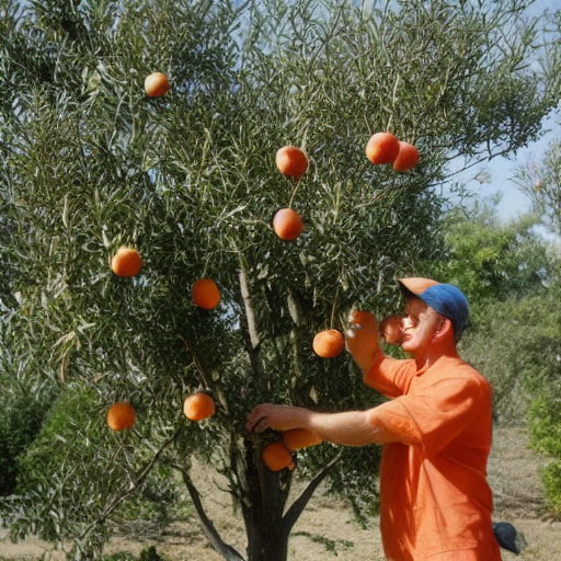 an AI generated image of a man picking apricots from a tree, with smaller apricots