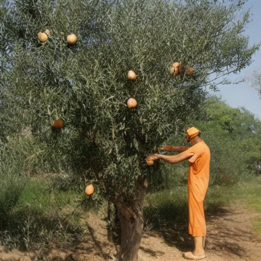 an AI generated image of a man picking apricots from a tree, with even smaller and fewer apricots
