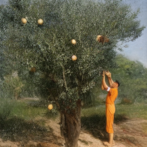 an AI generated image of a man picking apricots from a tree, with very few very small apricots