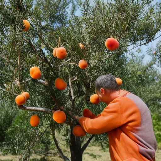 an AI generated image of a man picking apricots from a tree