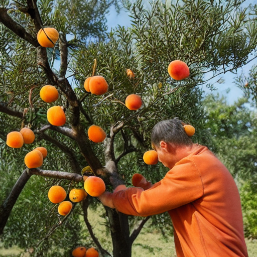 an AI generated image of a man picking apricots from a tree, with larger, more vibrant apricots