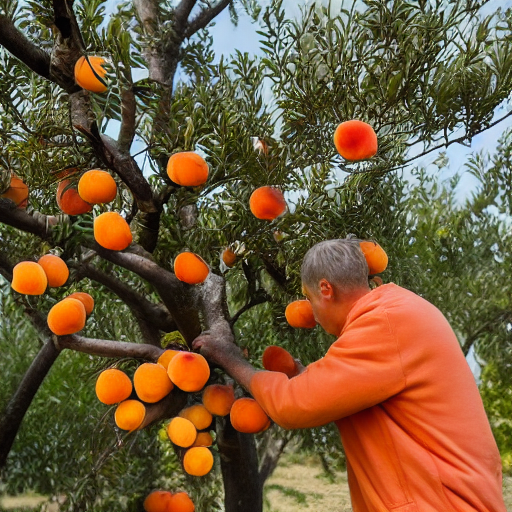 an AI generated image of a man picking apricots from a tree with even larger, even more vibrant apricots