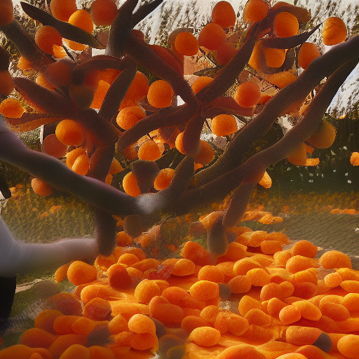 an AI generated image of a man picking apricots from a tree, but the man and the leaves and parts of the ground have all been replaced by giant melting-looking apricots