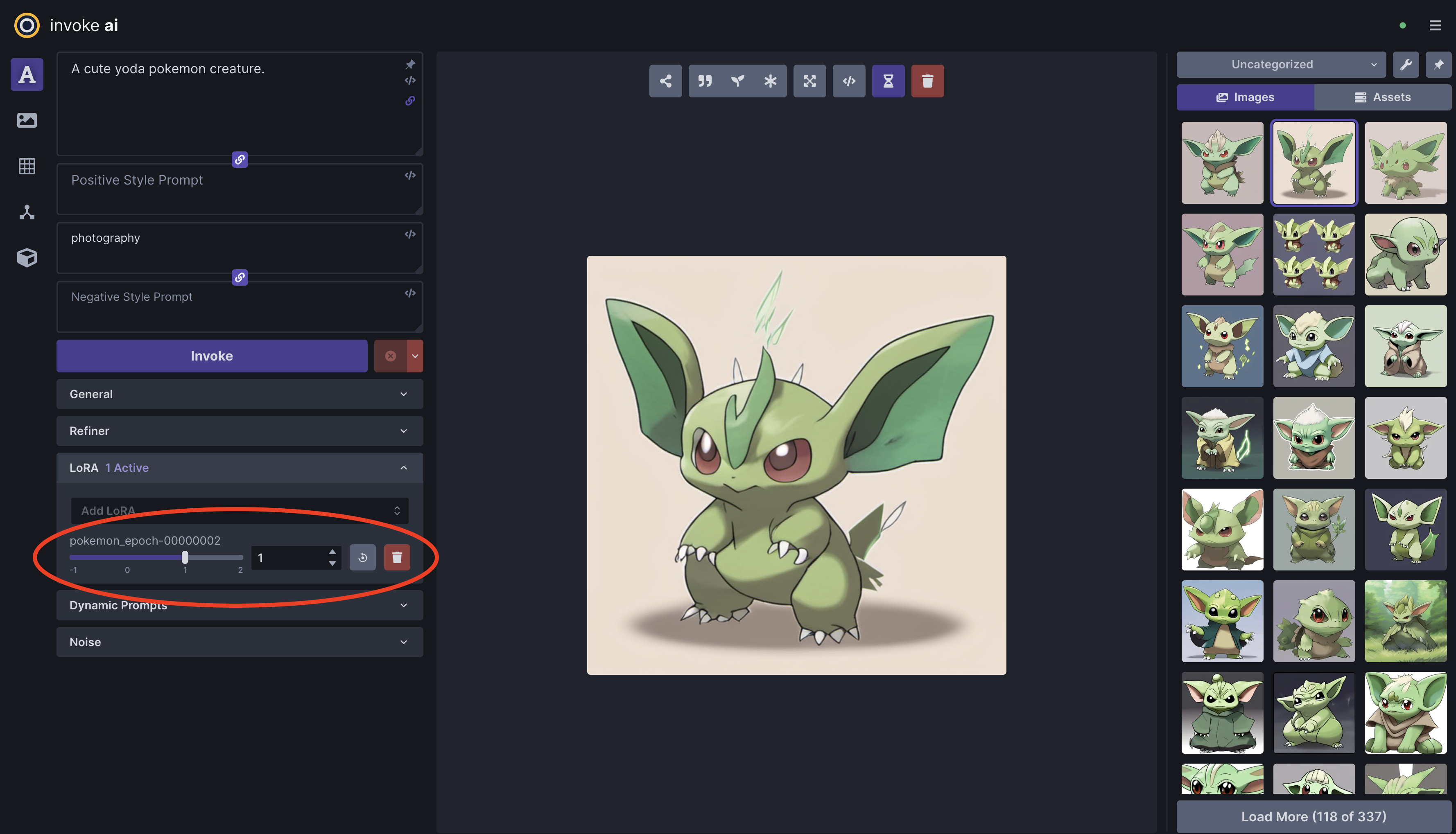 Screenshot of the InvokeAI UI with an example of a Yoda pokemon generated using a Pokemon LoRA model.