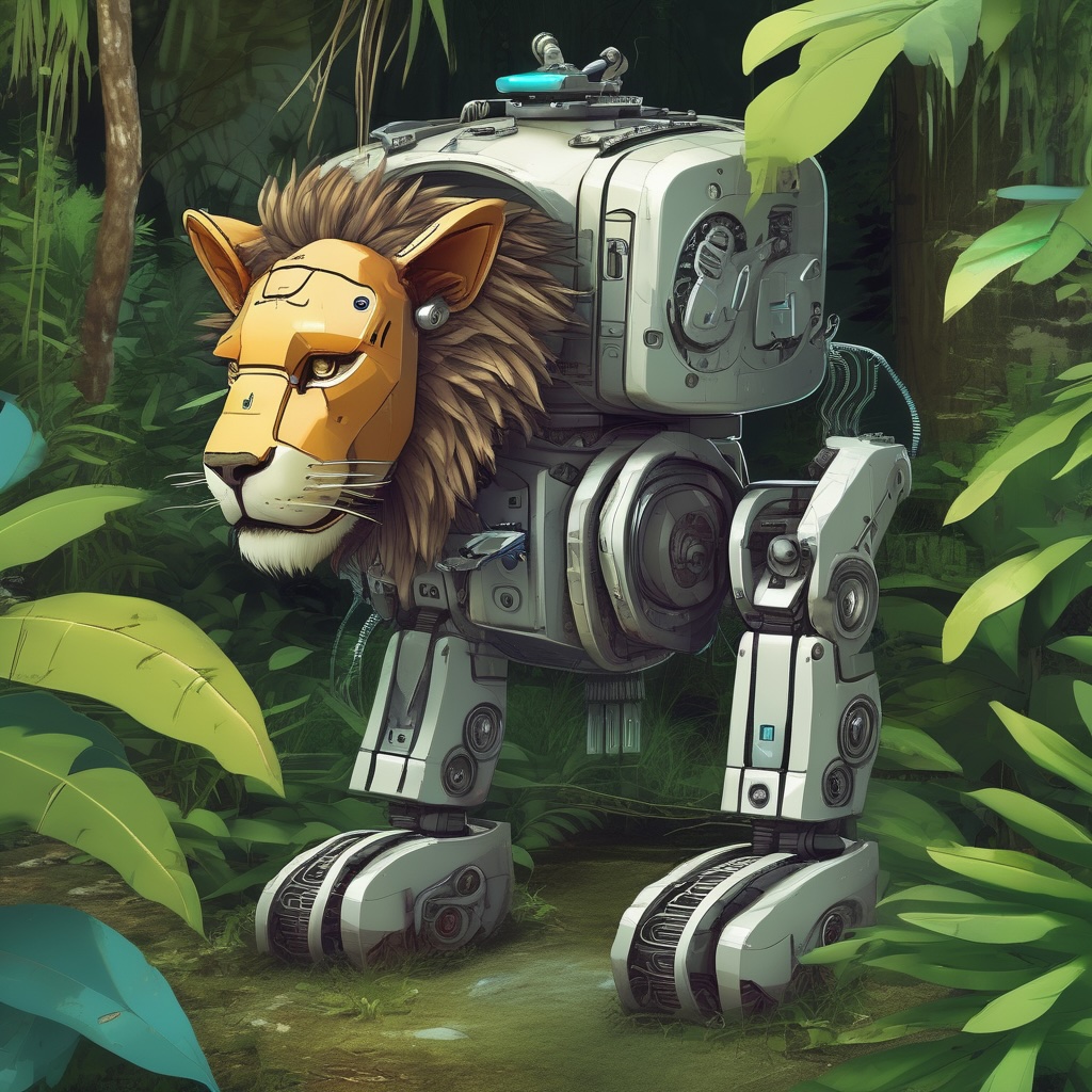 Image generated with SDXL Base 1.0. Prompt: In robocat style, a robotic lion in the jungle.