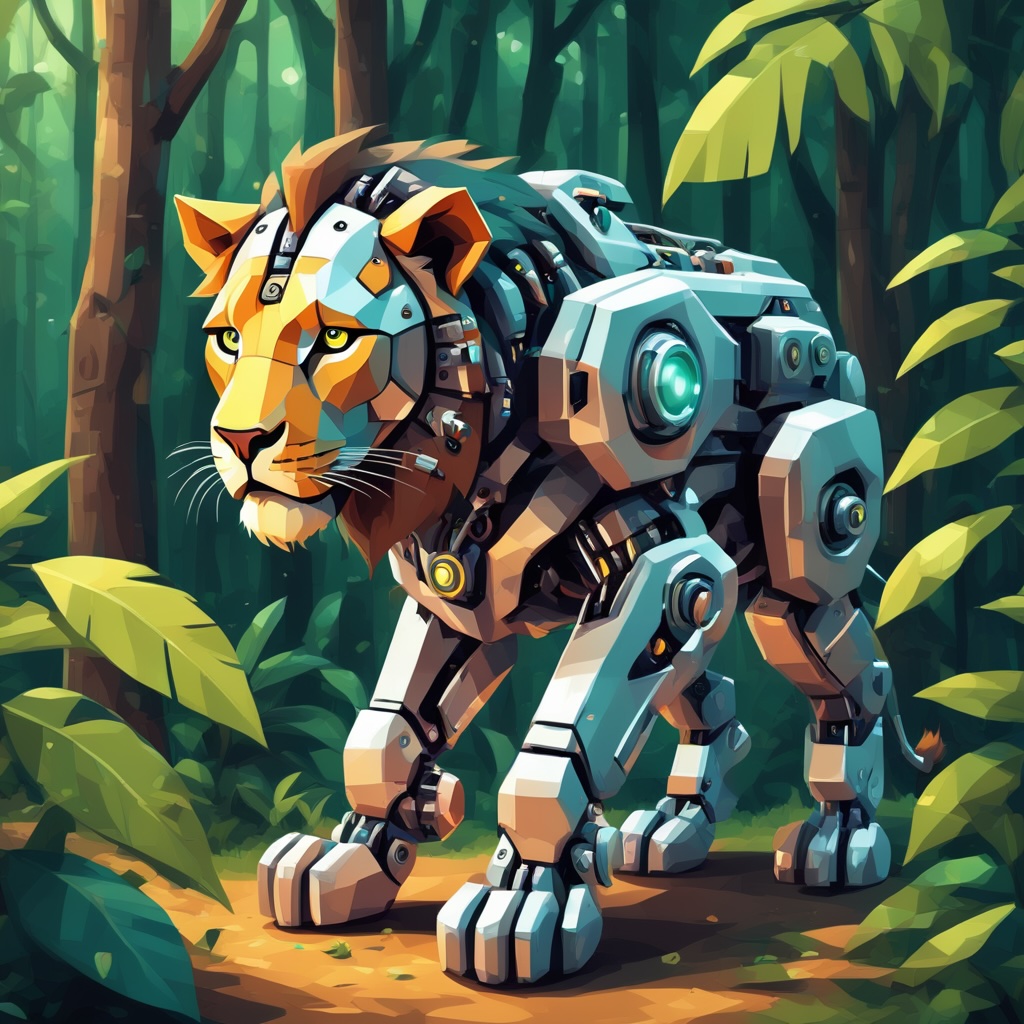 Image generated with extracted LoRA. Prompt: In robocat style, a robotic lion in the jungle.