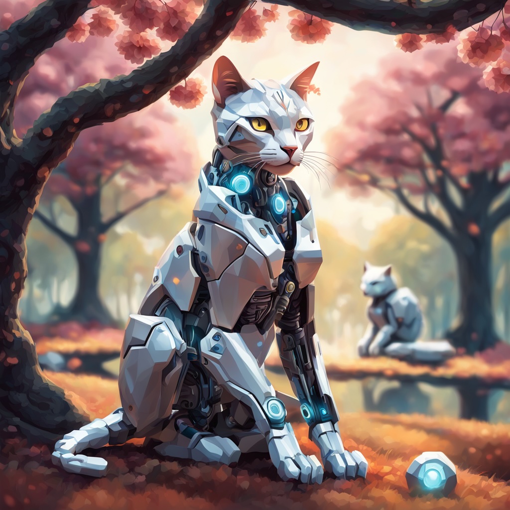 A white robot with blue eyes and a yellow nose sits on a rock, gazing at the camera, with a pink tree and a white cat in the background.