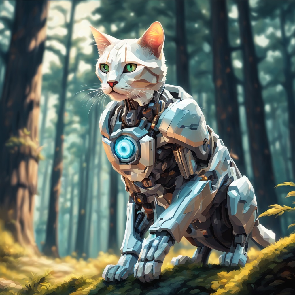 A white cat with green eyes and a blue collar sits on a moss-covered rock in a forest, gazing directly at the camera.